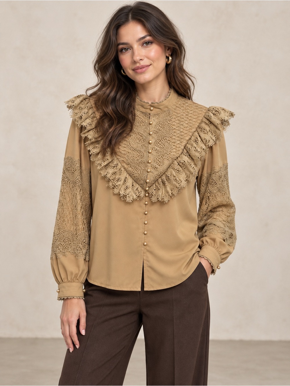 TAOKE Woman Victorian Lace Pearl Button Ruffle Blouse Camel Tan - Size L (Est.)